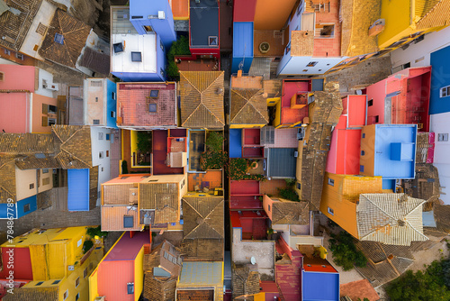 Aerial view of the old town with colorful buildings and streets, captured from above using drone photography techniques
