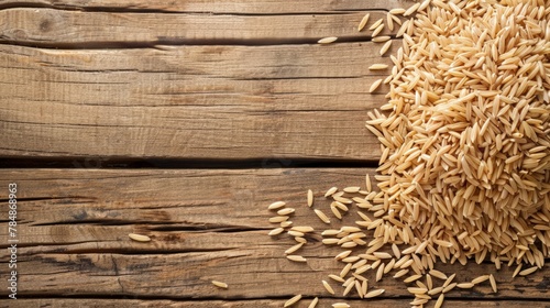 Brown rice on wooden background.
