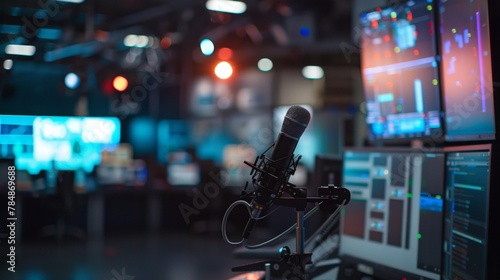 A hazy outoffocus room filled with monitors and microphones illuminated by the glowing screens and soft overhead lighting of the broadcasting studio. .