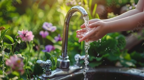 Hands open for drinking tap water. Pouring fresh healthy drink. Good habit. Right choice. Child washes his hand under the faucet in the garden.