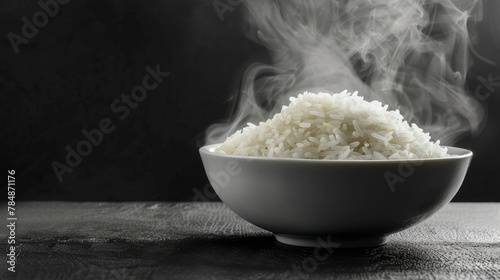 jasmine rice in a bowl. Selective focus steaming hot cooked rice in white bowl on black background.