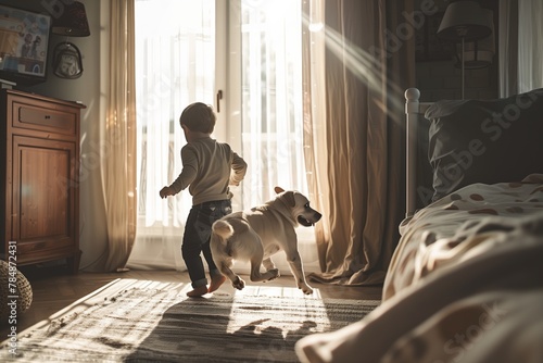 A boy plays with a dog in an apartment