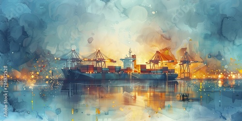 A mesmerizing watercolor captures a bustling port at dusk, where a container ship is loaded amidst blurred cranes in motion.