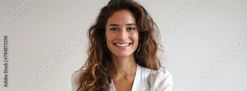 photorealistic mid shot of a smiling woman, long frizzy brown hair, white blouse, white background