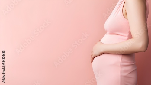 Pregnant woman touching her belly over pink background with copy space