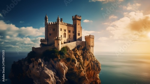 Beautiful medieval castle on a cliff over the sea at sunset.