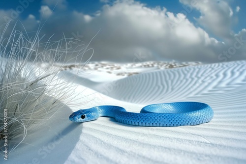 a blue snake on the snow-white sand