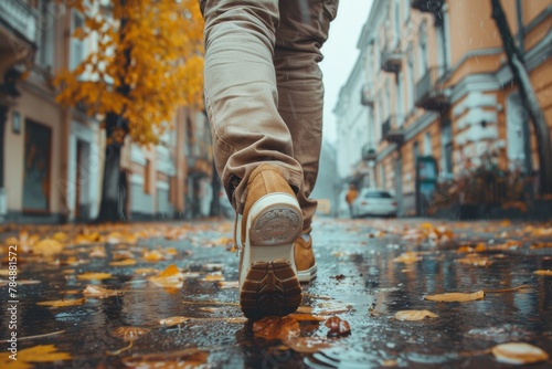 A person walking down a wet city street on an autumn day.