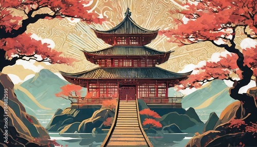 Beautiful Japanese traditional abstract art illustration with an antique temple