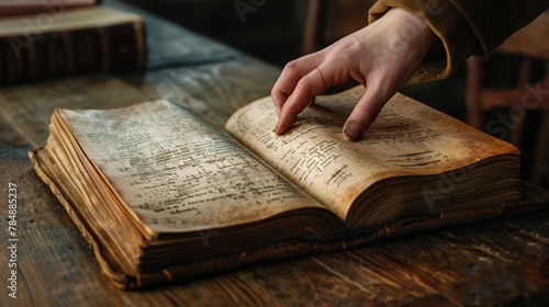 An aged book lies open on a worn wooden desk revealing pages filled with mathematical notations and diagrams. A hand reaches out to turn the page revealing the next chapter of knowledge .