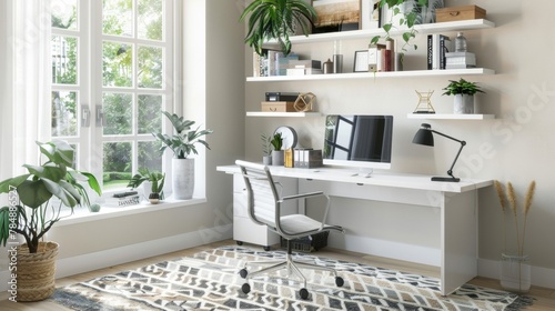 In the home office the matte white desk and shelves add a Scandinavian touch to the otherwise contemporary space. A matte black desk lamp and geometric patterned rug add visual interest .