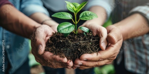 Multiple hands from diverse individuals come together to support a young plant, emphasizing community involvement in environmental sustainability.