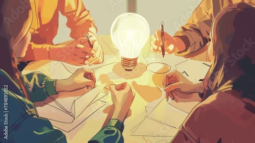 A casual coffee meeting turned impromptu strategy session, with napkin sketches and animated discussions culminating in the shared visualization of a lightbulb