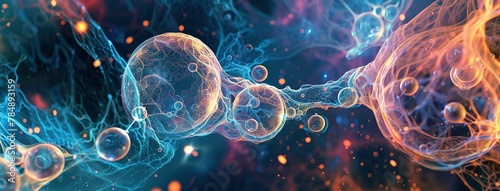 A sci-fi network of cells and futuristic alien bubbles. Neural connections to electrical impulses. Concept of complexity and mystery. Illustration for poster, cover, brochure or presentation