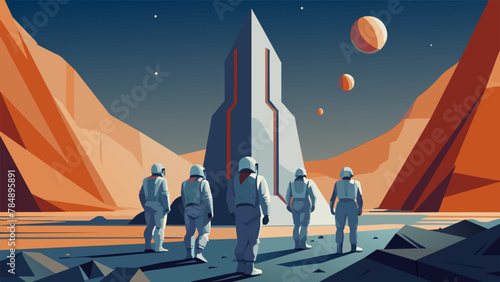 From a cosmic viewpoint a group of astronauts can be seen floating in their sleek silver suits as they explore a towering crystalline structure