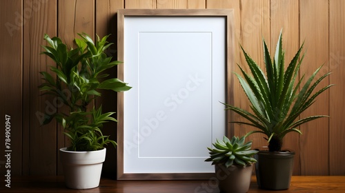 Picture frame and potted plants on a shelf, elevating your interior design with a stylish poster frame mockup and plant decoration