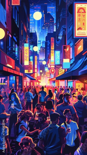 A bustling nightlife district in pop art style, crowds spilling out of bars, stylized figures, and neon lights