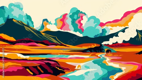 A geothermal landscape in pop art, colorful hot springs, stylized steam, bold lines