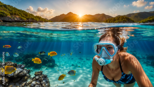 Ocean Paradise Explored: A Beautiful Girl Snorkels Among a Dazzling Array of Tropical Fish with a Tropical Island in the Background