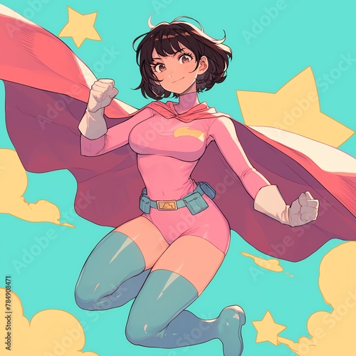 A cute anime girl with a superhero costume, striking a heroic pose
