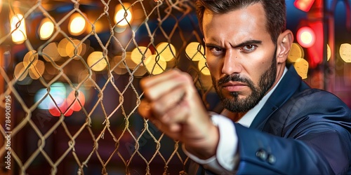 photo of businessman holding chain link fence