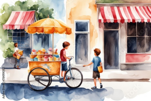 a boy is buying ice cream from ice cream seller came near his home in bicycle cart, 