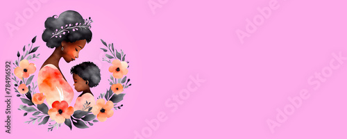 Black Mother and child with flowers wreath leaves around, cute, memories, moments, love relationship, Happy mothers day concept, with copy space, text template, pastel pinkish purple background