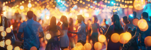  A group of people gathered in front of a brightly lit dance floor