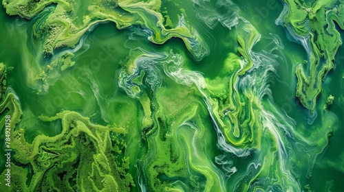 An aweinspiring view of an entire lake transformed into a vibrant emerald green color due to a massive algal bloom as seen from a