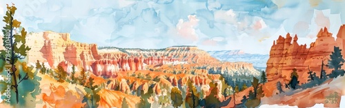 A painting of a canyon with a blue sky in the background. The painting is of a landscape with a mountain range in the background