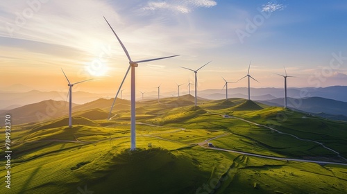 Panoramic view of wind farm or wind park with high wind turbines for generation electricity, Wind Energy And Technology, Green energy concept