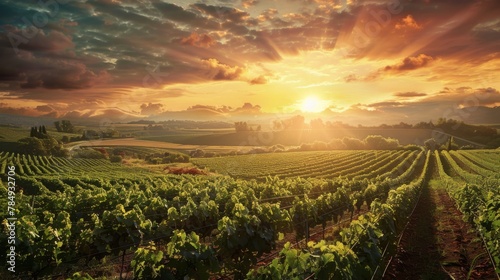 The sun is seen setting over a lush vineyard, casting a warm glow over the ripening grapes. Rows of grapevines stretch into the distance, with the vibrant colors of the sky reflecting on the leaves.