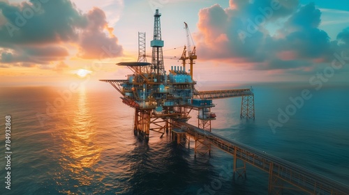 Offshore Oil Rig at Sunset in Ocean