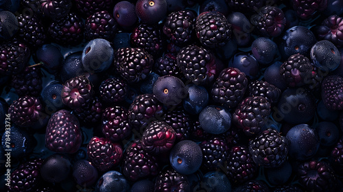 A mix of boysenberries, olallieberries, and dewberries on a dark background. These seedless fruits are from the bramble plant family, making them delicious natural foods