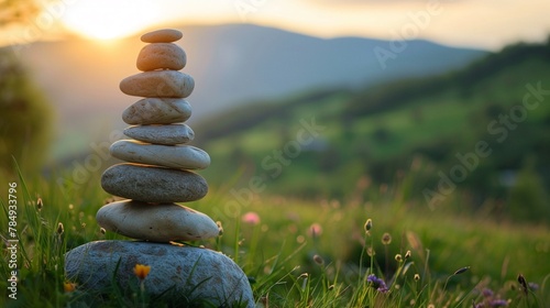 A circle of stones gradually becoming a complete cairn in a serene landscape, symbolizing the stepbystep process of emotional healing