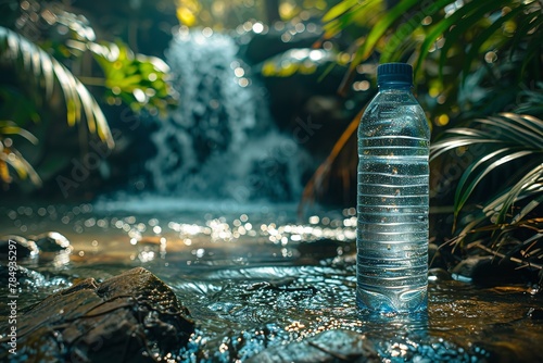 A plastic water bottle kept near a fountain with a jungle view with a big space for text or product advertisement, Generative AI.