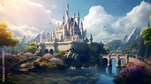 Landscape of a valley with a river and castles on the mountains in fantasy style with blue sky background 