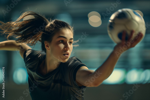 Focused female Athlete playing handball or volleyball in indoor court with blurred sport field background