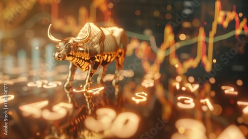 a golden bull figurine surrounded by rising stock market charts and dollar signs, 