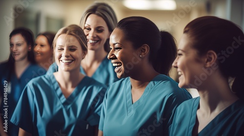 A group of smiling nurses providing attentive care to patients in a bustling hospital ward.