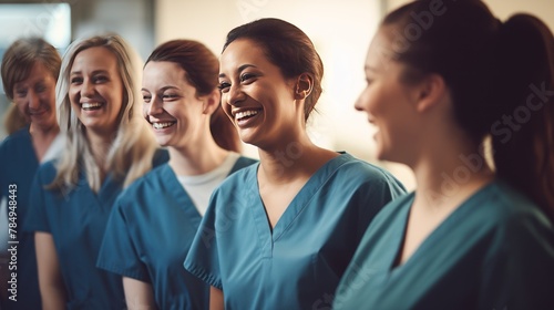 A group of smiling nurses providing attentive care to patients in a bustling hospital ward.