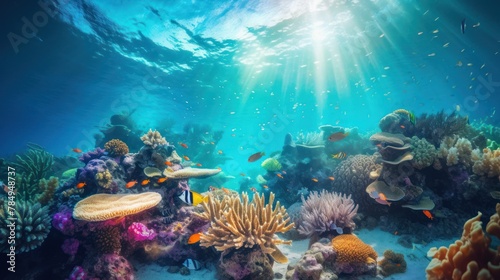 magical underwater world filled with colorful coral reefs, tropical fish, and swaying sea plants.