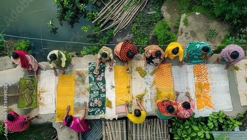 Aerial view of Women at work on the preparation of natural fabric, Barga, Rajshahi, Bangladesh