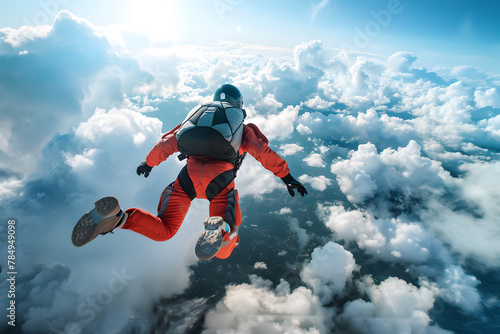 Skydiving. Men in paratrooper suit flying above clouds
