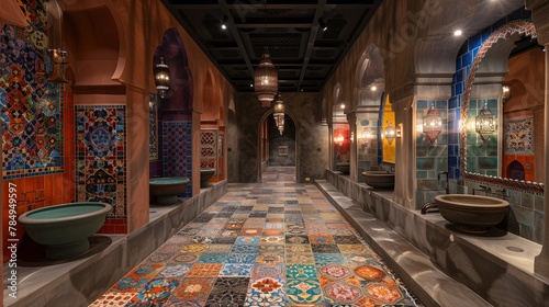 Traditional Moroccan Hammam Interior with Ornate Tiles and Lanterns