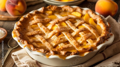 Casserole dish of peach cobbler with a lattice crust topping