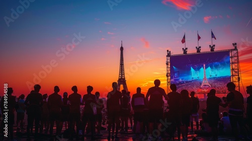 Crowd of spectators in silhouette watching a live broadcast of the Olympic Games on a large screen, with the Eiffel Tower in the backdrop under a vibrant sunset sky.