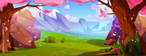 Beautiful park with sakuras and rocky stones. Vector cartoon illustration of green valley with old cherry trees in bloom, pink petals flying in air, asian natural landscape, blue sunny sky with clouds