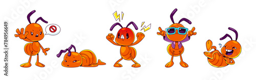 Cute ant cartoon character in different poses and face emotions. Comic vector funny brown insect with stop gesture, tired or sad laying on floor, angry with lightnings and laughing, cool in glasses
