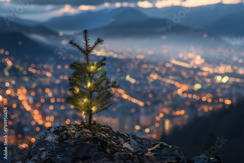 Twilight caresses a pine tree city lights a soft dance in the depth of field